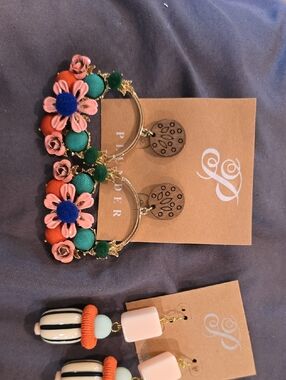 Colorful Floral Hoop Earrings - Pink, Green & Blue